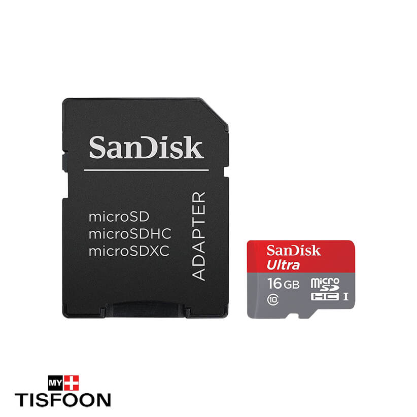 کارت حافظه microSDHC سن دیسک مدل Ultra A1 کلاس ۱۰ استاندارد UHS-I سرعت ۹۸MBps ظرفیت ۱۶ گیگابایت به همراه آداپتور SD